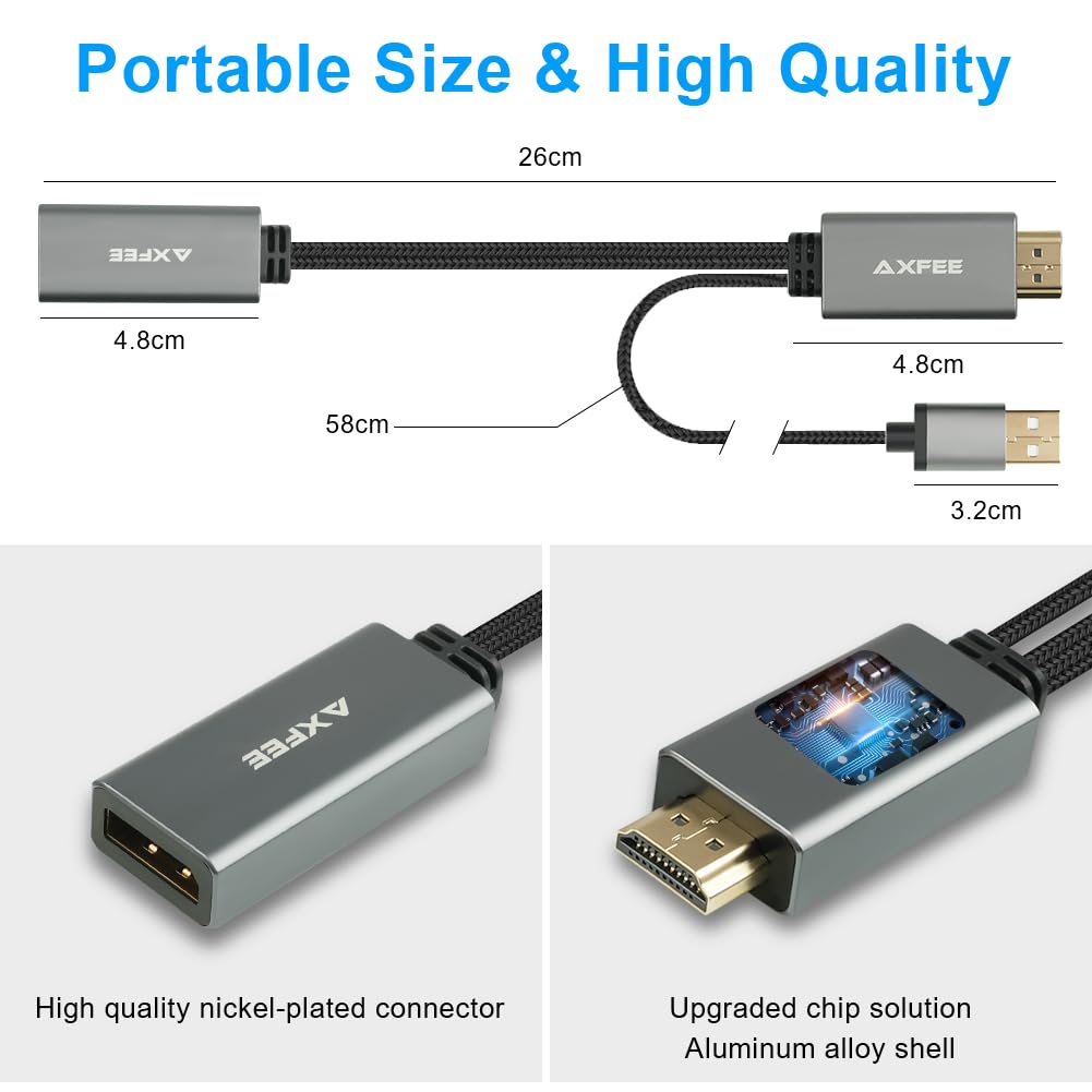 AXFEE Adapter HDMI na DisplayPort, 4K 60 Hz konwerter, wyjście HDMI do DP adapter wejściowy kabel do PC Laptop Xbox One (360) PS5, obsługuje 2K @144Hz 1080p @165Hz