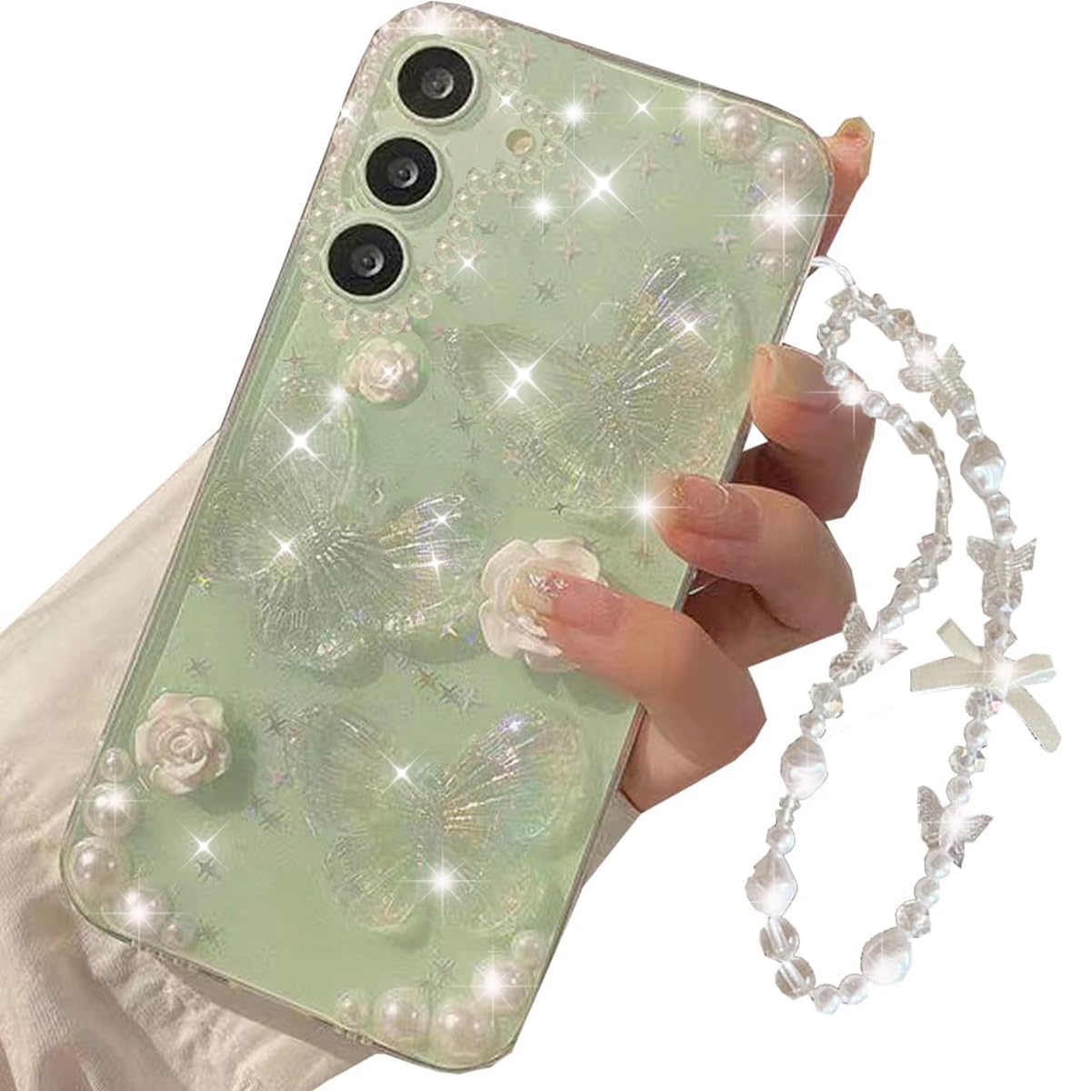 Changjia for Samsung Galaxy S24 Clear Glitter Case,Cute 3D Butterfly Floral Crystal Pearl Bling Sparkle Shiny with Wrist Strap Soft TPU Aesthetic