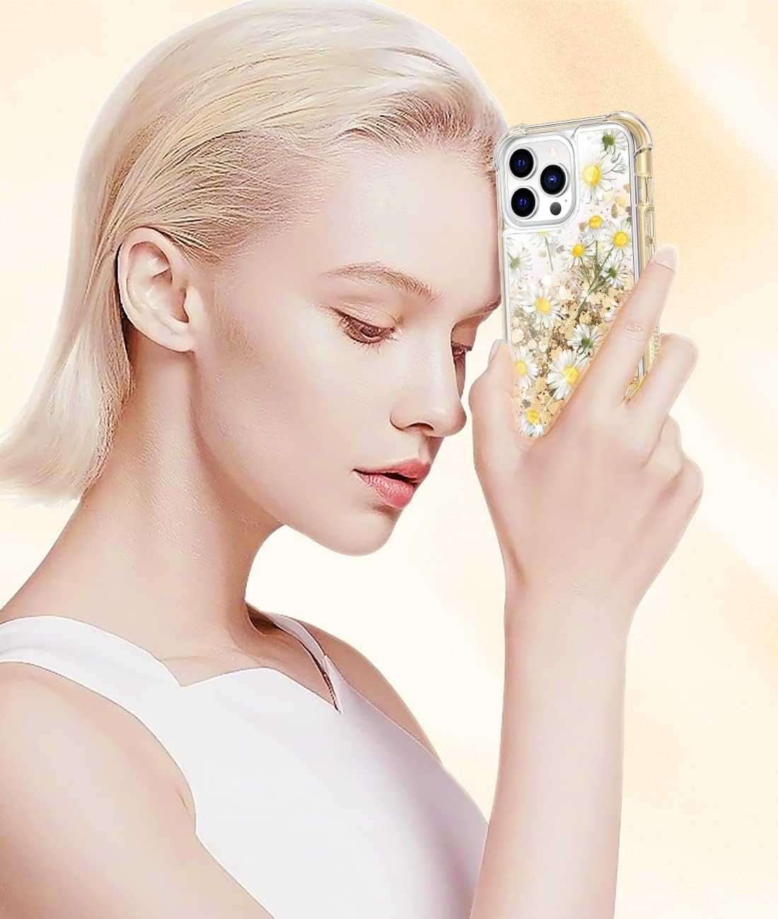 Caka Case Compatible with iPhone 13 Pro Case, iPhone 13 Pro Glitter Case with Built-in Screen Protector Flower Girly Girls Women Liquid Sparkle Quicksand Case for iPhone 13 Pro 2021 (Daisy)