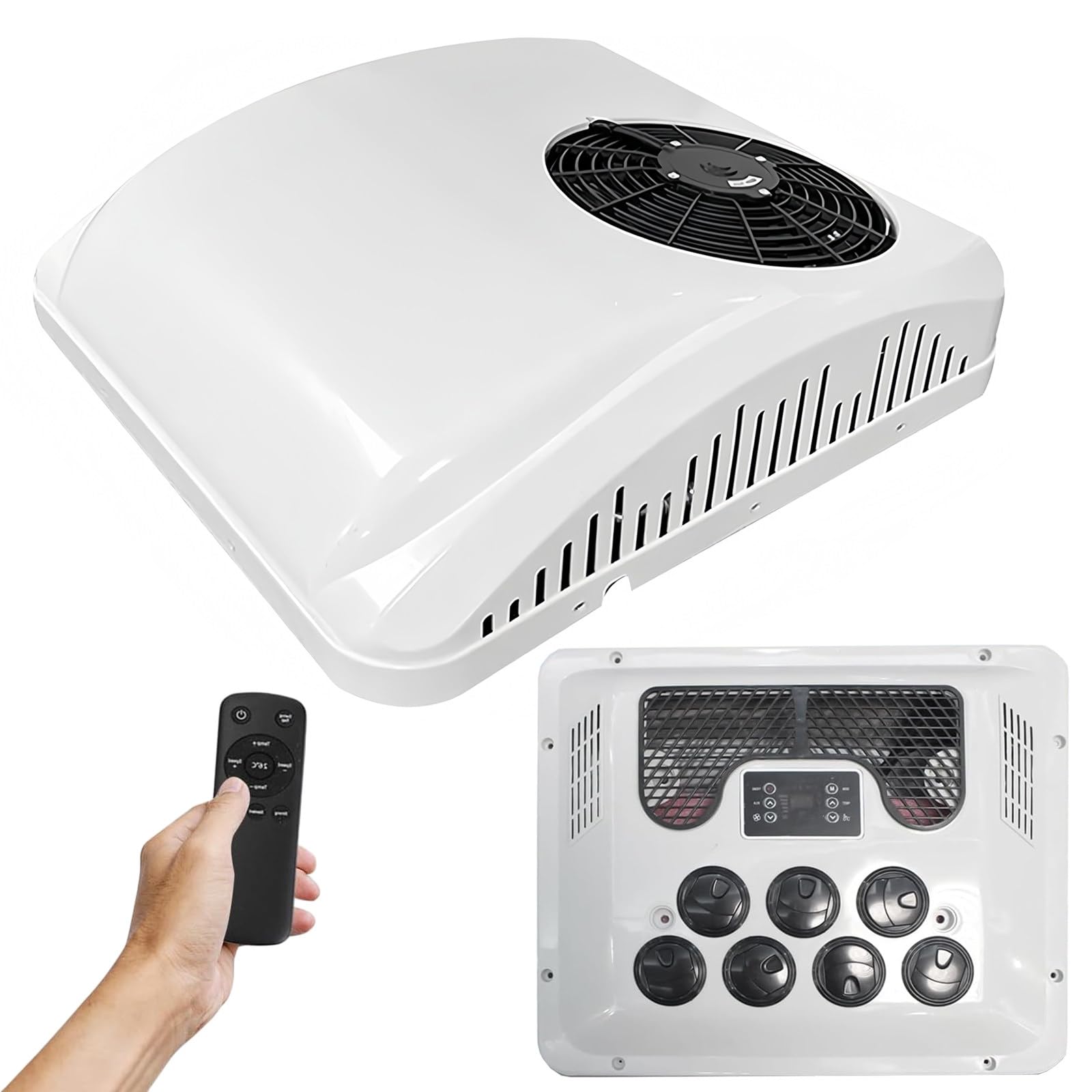 Klimatyzator dachowy, 12 V/24 V/48 V, moc chłodzenia 2300 W, moc grzewcza 1000 W, inteligentna kontrola temperatury, cicha praca, w komplecie z kanałem i pilotem