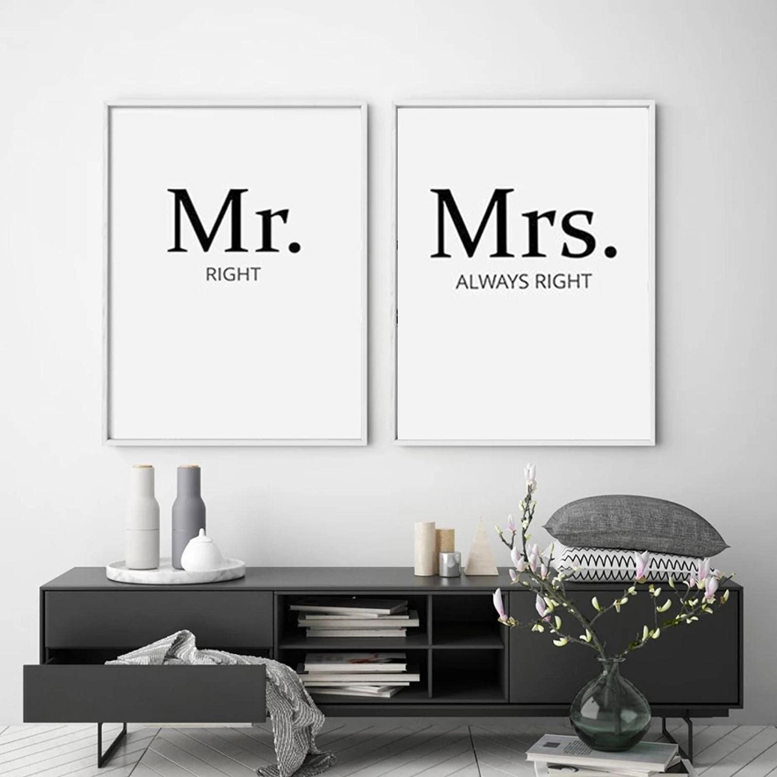 Set 2 Poster Personalizzati Con Cornice Nera – 'Mr Right' & 'Mrs Always Right' – Formato A4 (21x29,7 Cm), Stampa Fine Art