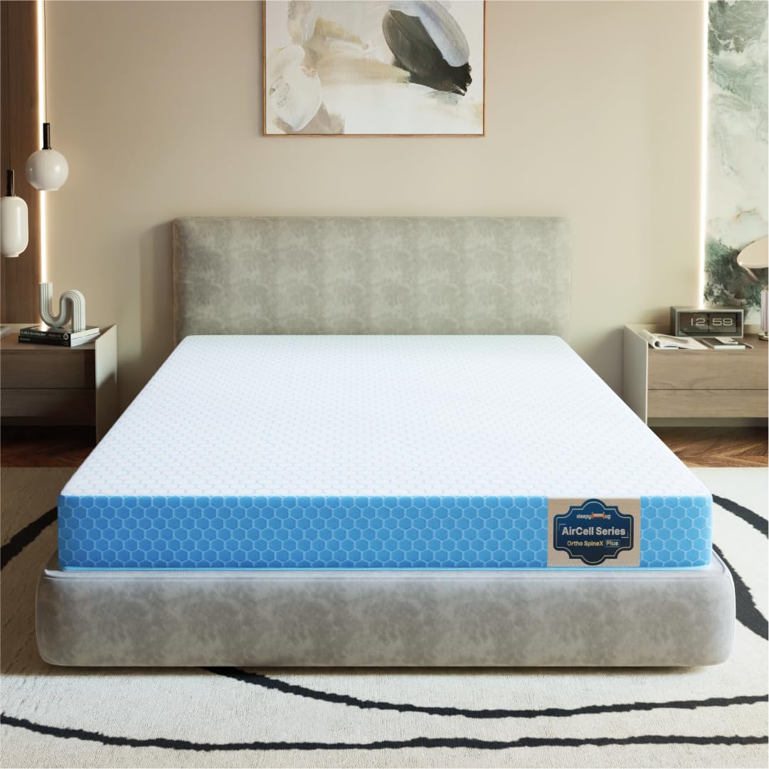 SleepyHug AirCell Ortho Spinex Plus 6 inch HR Foam Mattress | 3 Zones Support |5 Years Warranty | Back Pain Relief |Spine Alignment | Queen Bed Size Light Blue (LxWxH -72x60x6 Inch)