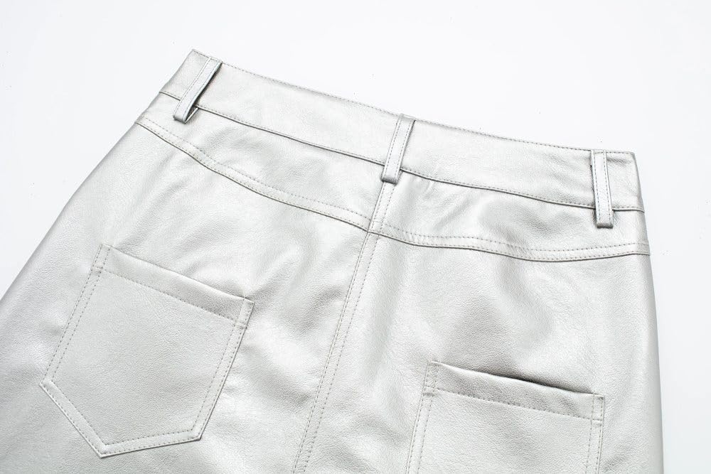 SWEPER Falda Corta De Mujer - Falda De PU De Cuero Plateado A La Moda para Mujer, Minifalda Retro De Cintura Alta con Corte En A para Mujer