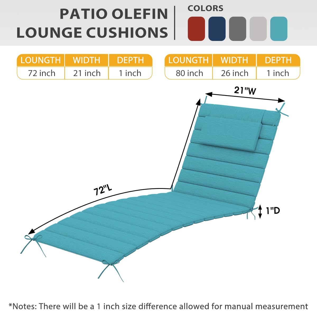 Sundale Outdoor Water-Resistant Quilted Olefin Lounge Chair Cushions Set of 2, Patio Chaise lounger Pad with 6 Straps, Perfect for Outside Yard, Living Room (Turquoise, 72" W x 21" D)