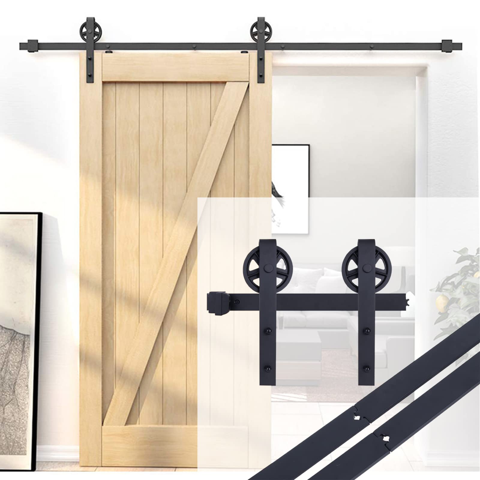 Egtink Black 200Cm/6,6Ft Sliding Door Kit,Heavy Duty Sliding Barn Door Kit, Sliding Door Track Hardware Closet Track