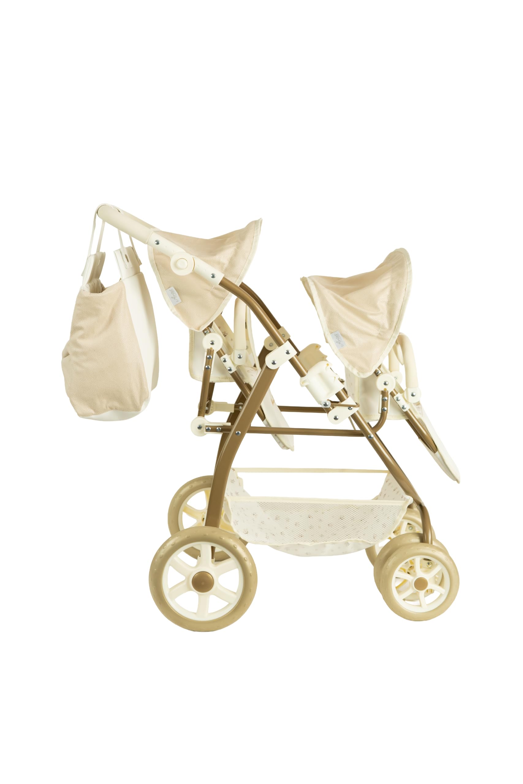 Coche Gemelar para Muñecos Reborn de París, Carrito con Bolso, 45x70x73 cm, Altura Manillar 47-77 cm, +3 Años