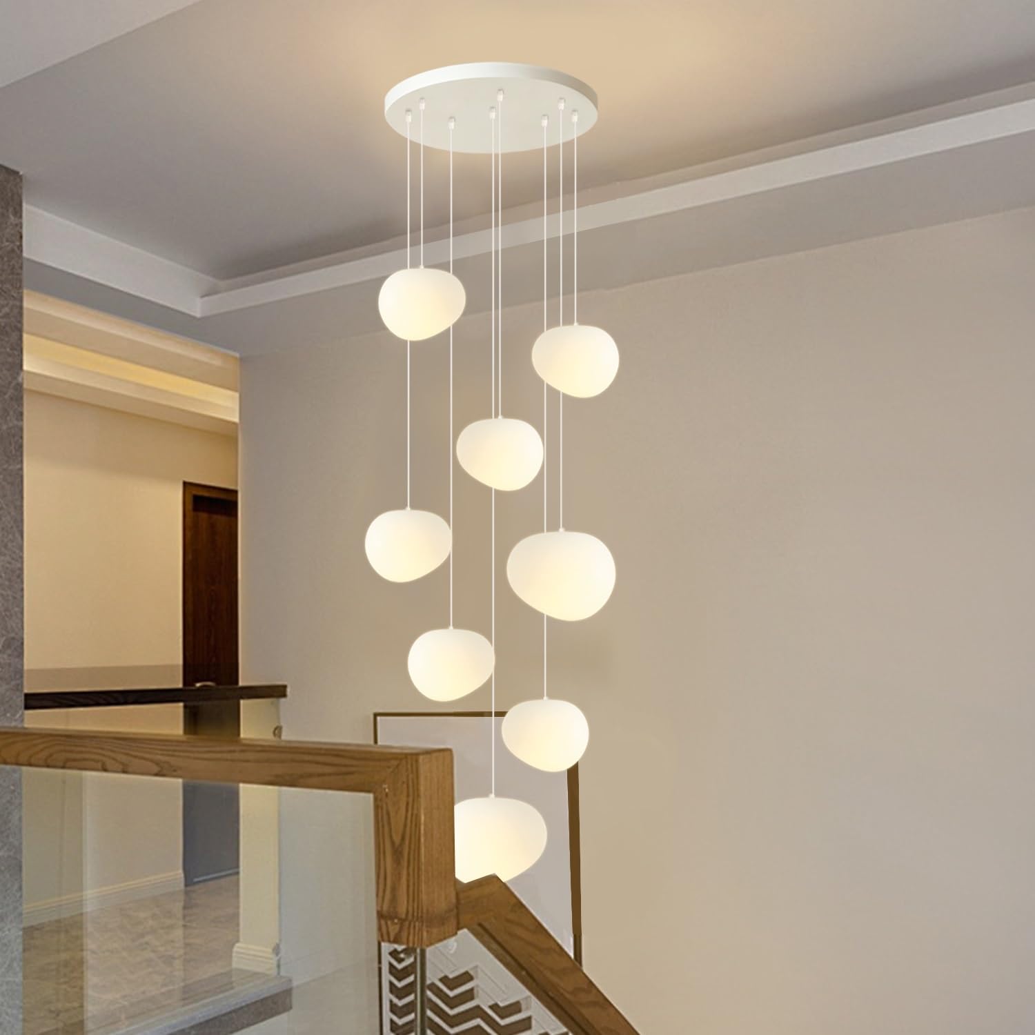 Modern E27 Hängelampe Pebble Pendelleuchte Wohnzimmerlamp Polystyrol-Kunststoffschirm Treppe Hängeleuchte Xuanguan Schlafzimmer Esszimmer Küchenlampe Höhenverstellbar Lampen(Warmes Licht,8-head)
