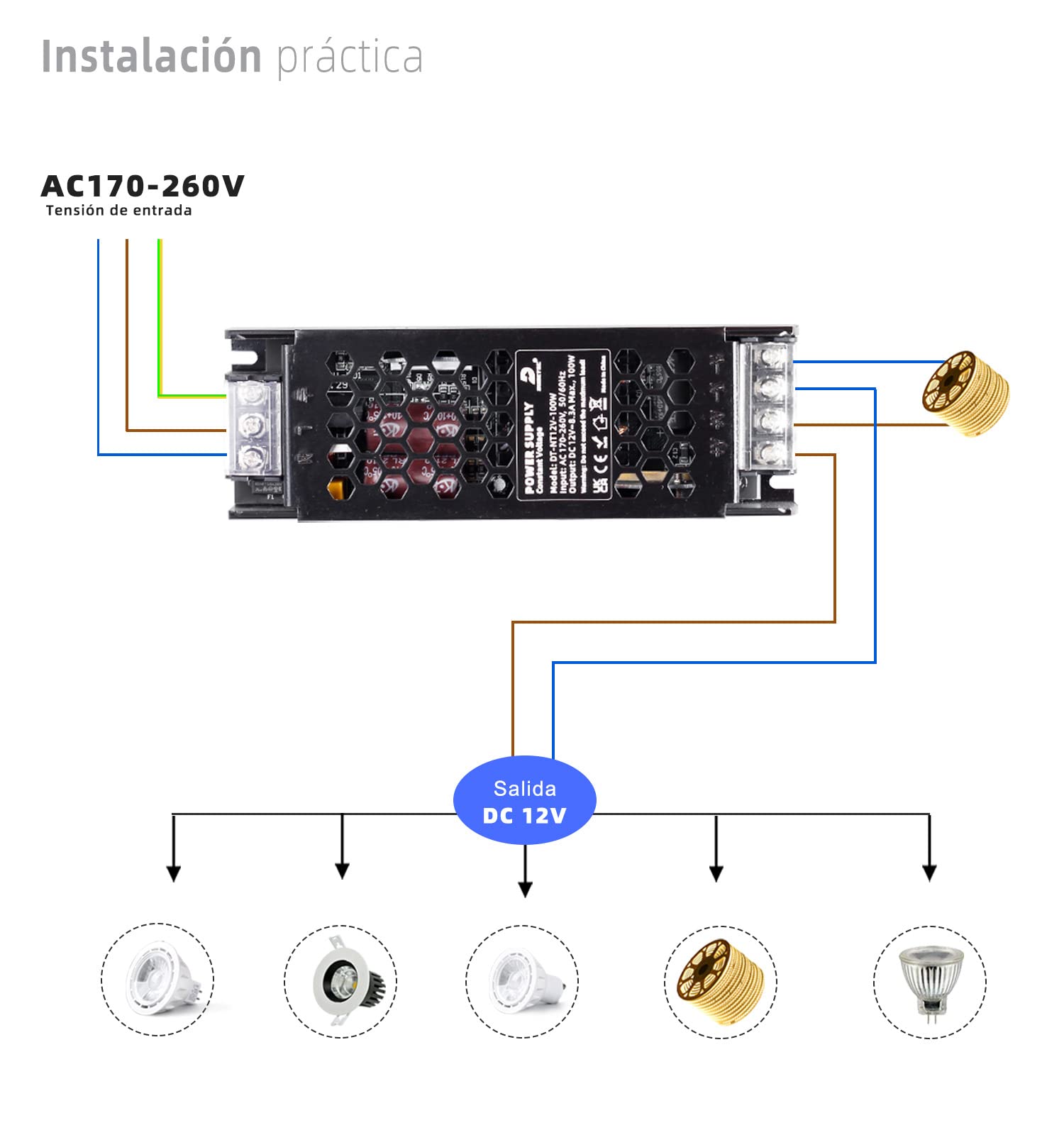 Fuente de Alimentación Transformador 220V AC a 12V DC 200W 16.67A, LED Driver de Baja Tensión, Adaptador de Voltaje Constante para Tiras LED Bombillas MR11 G4 MR16, DUSKTEC