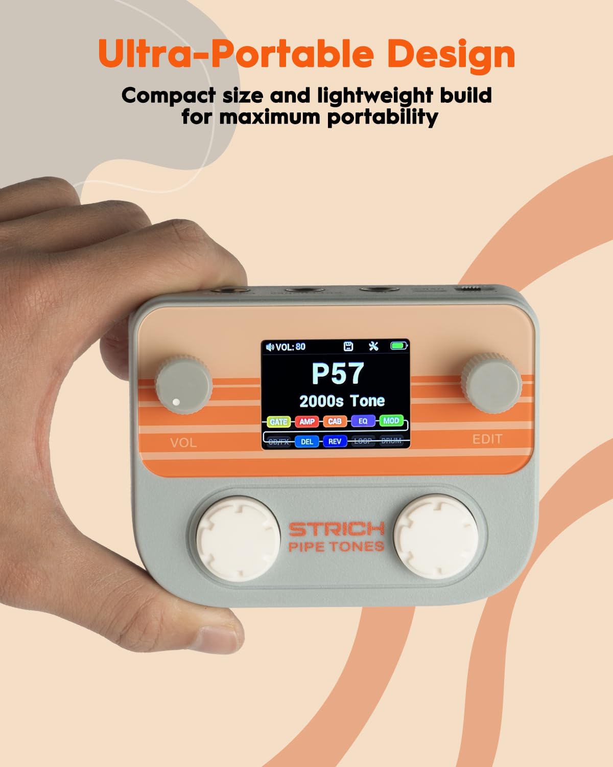STRICH Pipe Tones Pocket Multi-Effects Processor para guitarra y bajo con 10 módulos de efectos 125 efectos Looper 40s 100 patrones de batería Interfaz de audio USB Control inalámbrico (Gris)