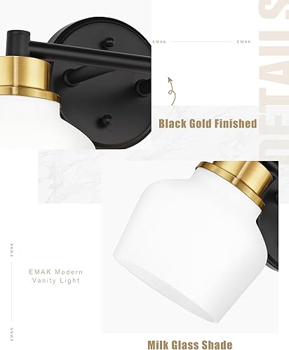 Miniatura 3 de Emak Lámpara de baño negra y dorada sobre espejo, lámpara de tocador de baño de 2 luces con pantalla de vidrio de leche, luces modernas de tocador