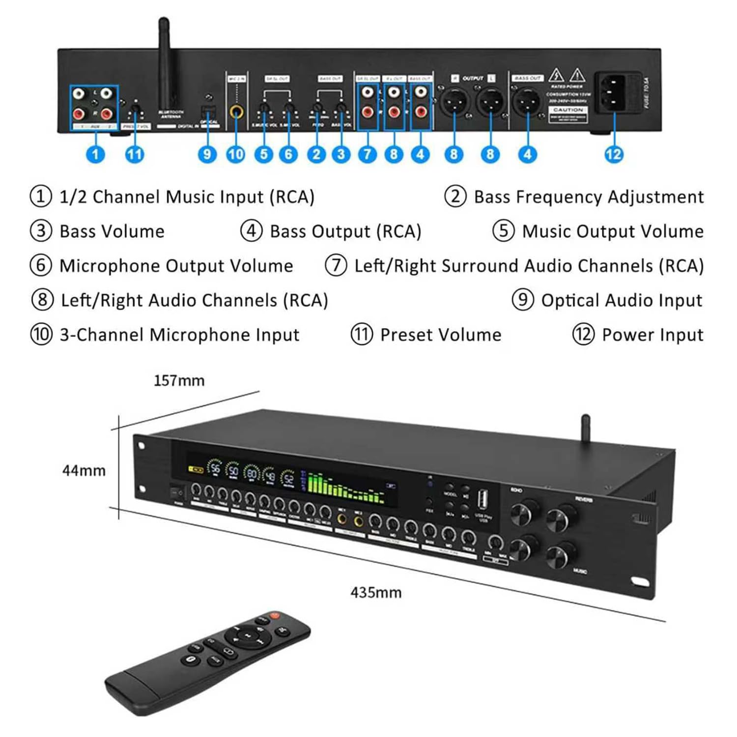 Procesador de audio digital preetapa con ecualizador antiaullidos, pantalla LCD, ritmo de espectro dinámico, efectos ajustables para uso doméstico y escénico