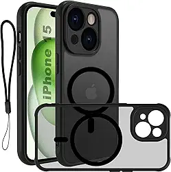 USTIYA Magnética Capa para iPhone 15 6,1 polegadas Case Matte Acrílico Uso Resistente Protetora de Câmera Capinha Acessórios para Celular com Cordão Preto FGCX