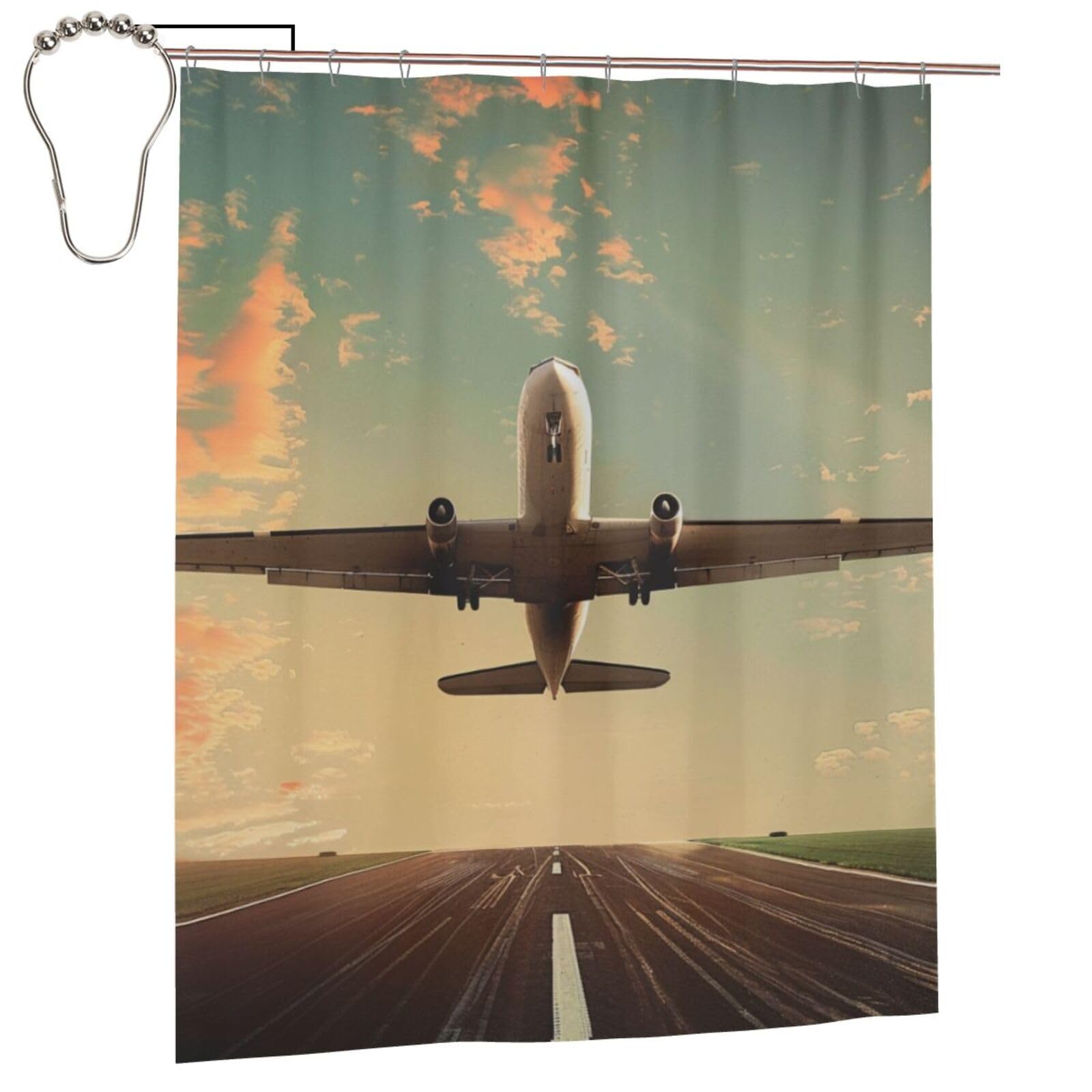 BWWHCCTI Airplane Printed Shower Curtain With 12 Iron Hooks Opaque Quick Drying Waterproof Shower Curtains Sets For Bathroom 152x183 Cm