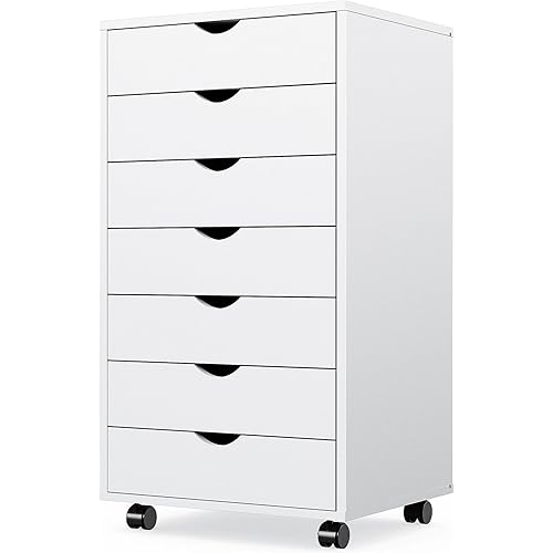 Sweetcrispy 7 Drawer Chest - Storage Cabinets Dressers Wood Dresser Cabinet with Wheels Mobile Organizer Drawers for Office, Home, White
