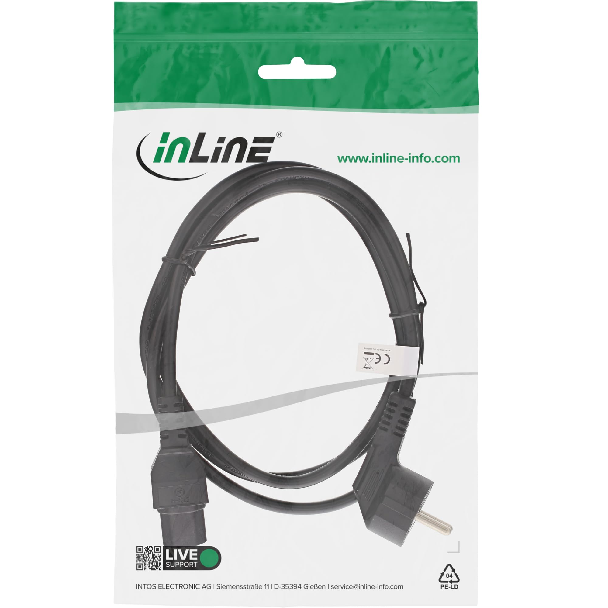 InLine 22346 Kabel Zasilający, Wtyczka Schuko CEE-7/7 90° do Gniazda IEC-320-C15, 2 m, Czarny