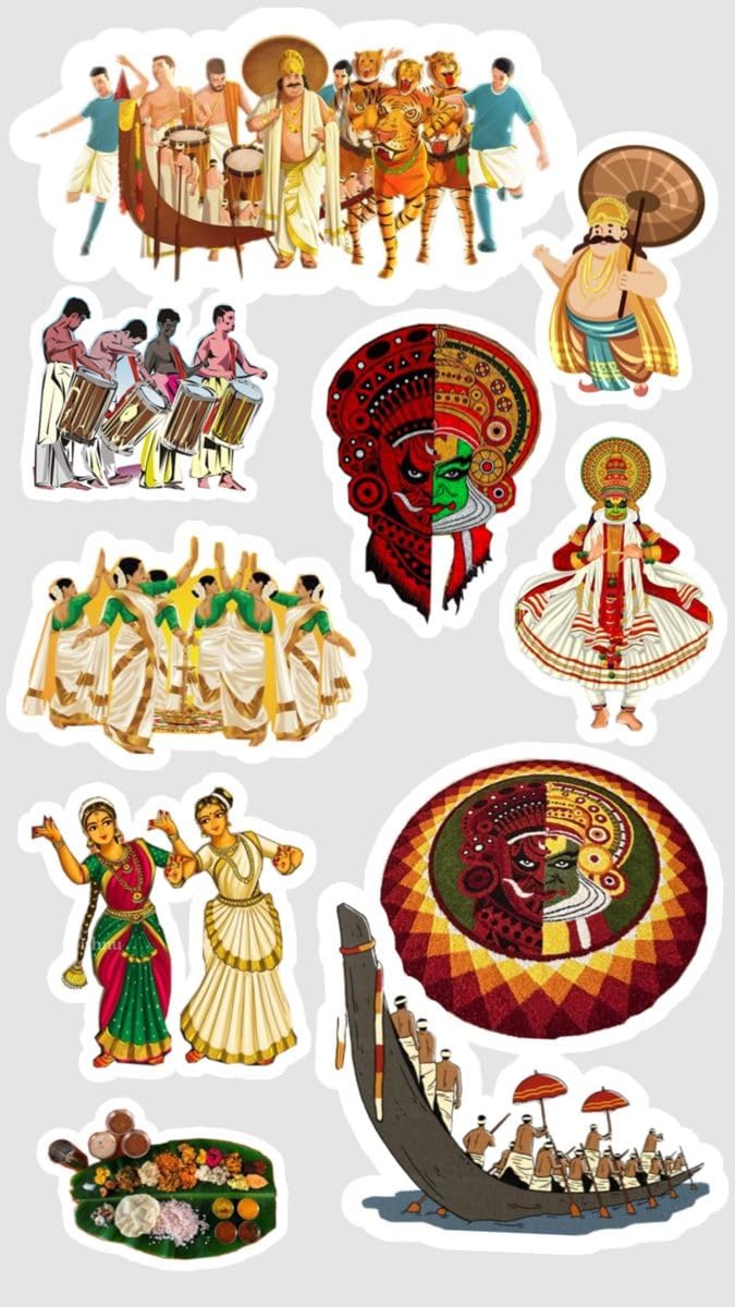 10PCS Kerala Culture Stickers Pack – Kathakali, Snake Boat Race, Onam Sadya, Chenda Melam & Traditional Dance Waterproof Vinyl Stickers for Water Bottles, Laptops, Journals & Scrapbooks-image-9