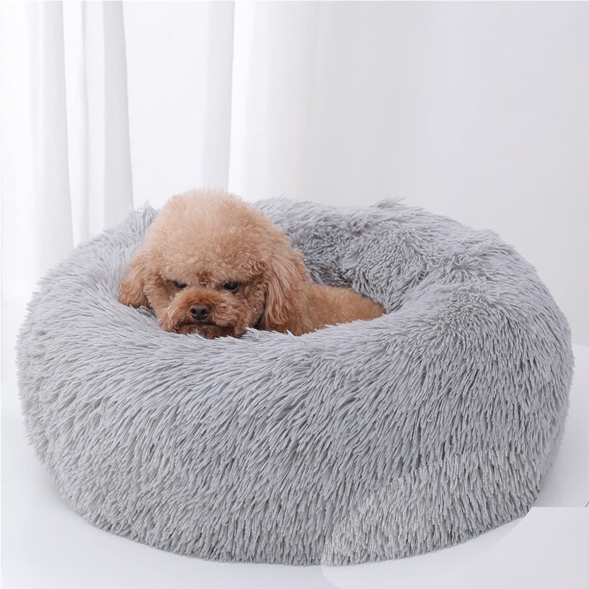 Calming Dog Bed & Cat Bed, Anti-Anxiety Donut Warming Cozy Soft Dog Round Bed, Fluffy Faux Plush Dog Cat Cushion Bed for large Small Medium Dogs and Cats diameter28in