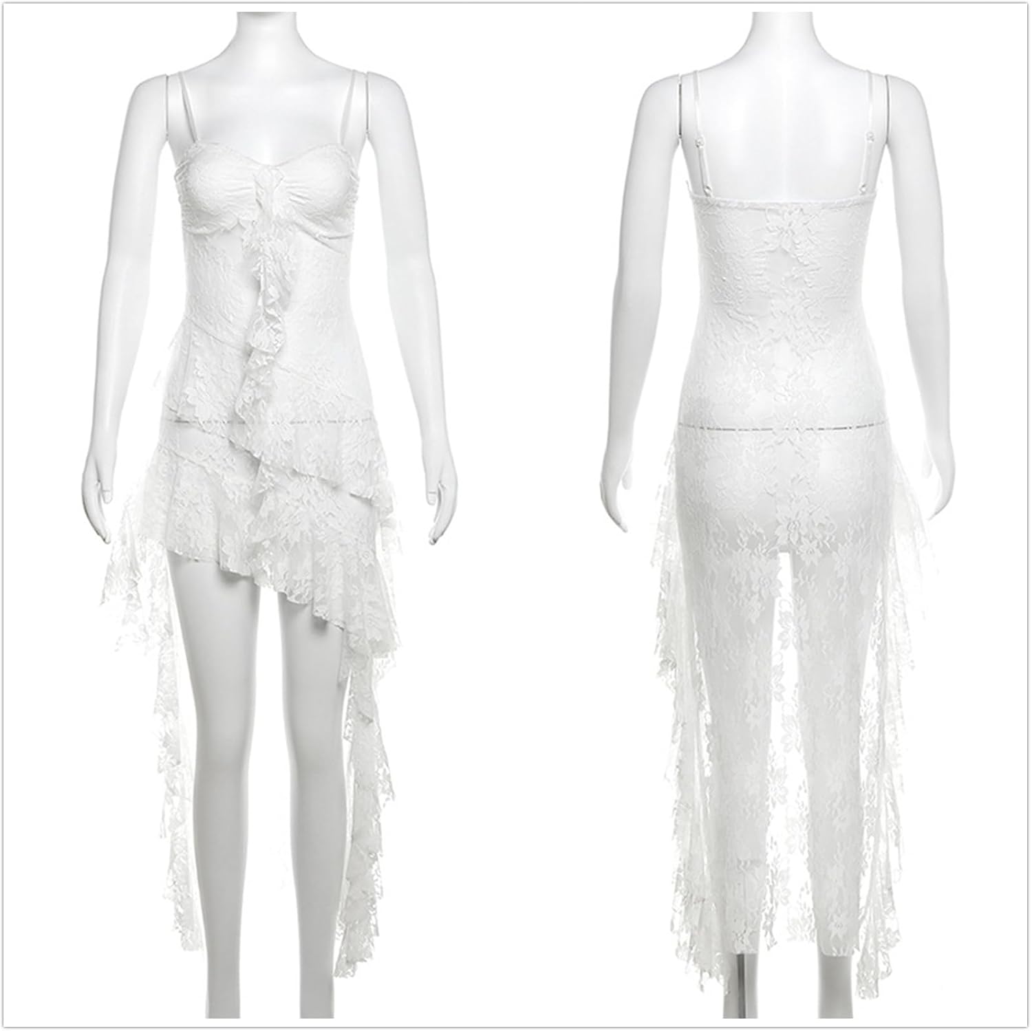 Vintage Midi Dress for Women - Thin Strap High-Low, Ruffled, Floral Lace, Sweetheart Neck Goth Punk, Dance Travel