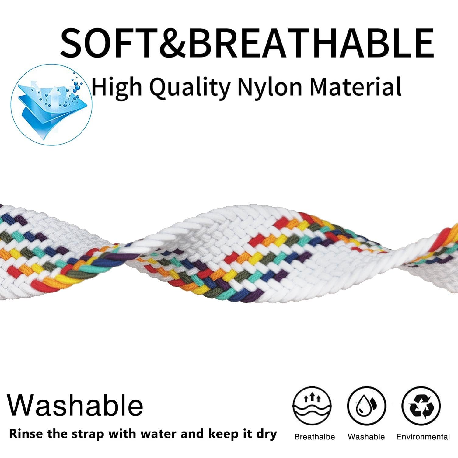 Abanen Braided Elastic Nylon Watch Band Compatible with Apple Watch 38mm 40mm 45mm 49mm for Women Men, Loop Soft Stretchy Wristband Strap with Magnetic Closure for iWatch SE Series 8(White-Rainbow)
