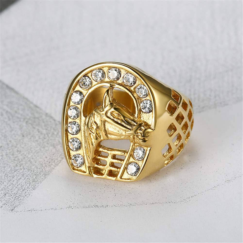 PAMTIER Men's Stainless Steel Vintage Hip Hop Punk Iced Out Round CZ Horse Biker Ring