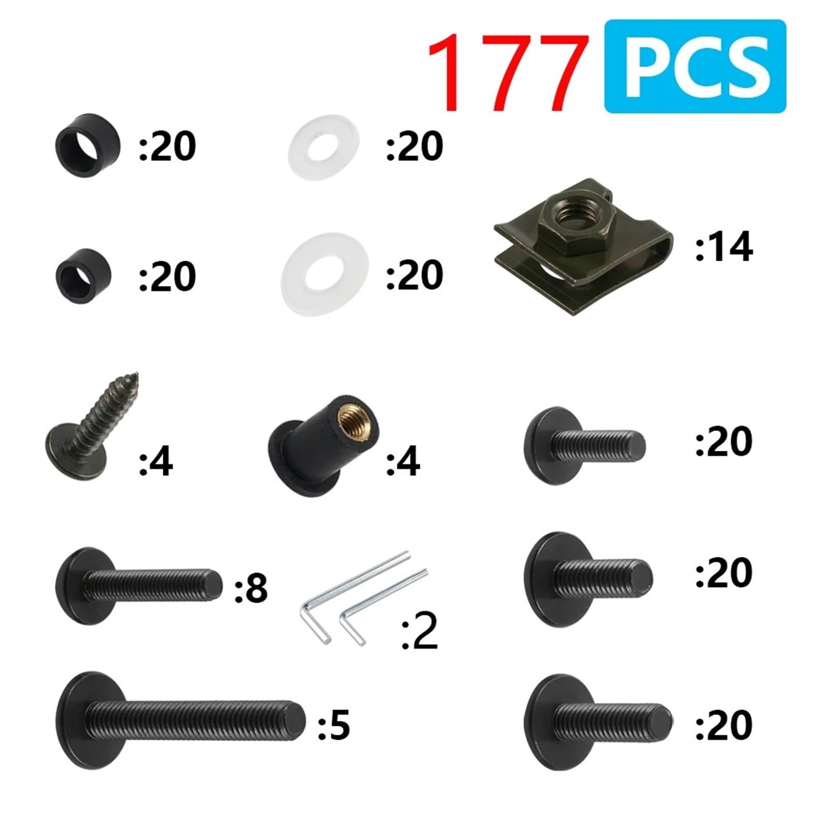Kit Di Bulloni Carene Moto Da 177 Pezzi Per Per CBR650R Viti Per Parabrezza M5 M6, Dadi A Gabbia, Chiave, Elementi Fissaggio Assortiti Assortimento Viti Carrozzeria(Argento)