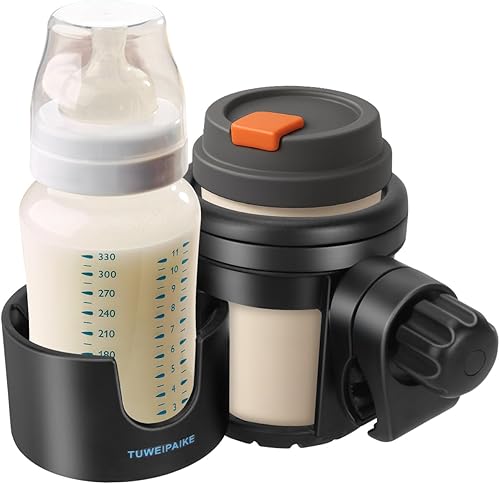 Portavasos universal para cochecito, portavasos de rotación de 360° para cochecito, 2 en 1 con abrazadera ajustable de fuerza mega resistencia, se