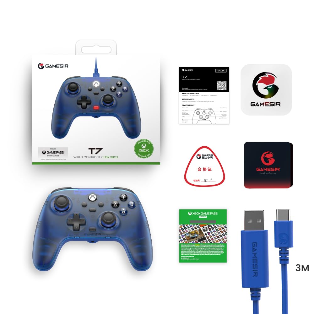 GameSir T7 Manette filaire pour Xbox Series X|S, Xbox One & Windows 10/11, manette de jeu Plug and Play avec effet Hall, joysticks/gâchette Hall Trigger, jack audio 3,5 mm, bleu