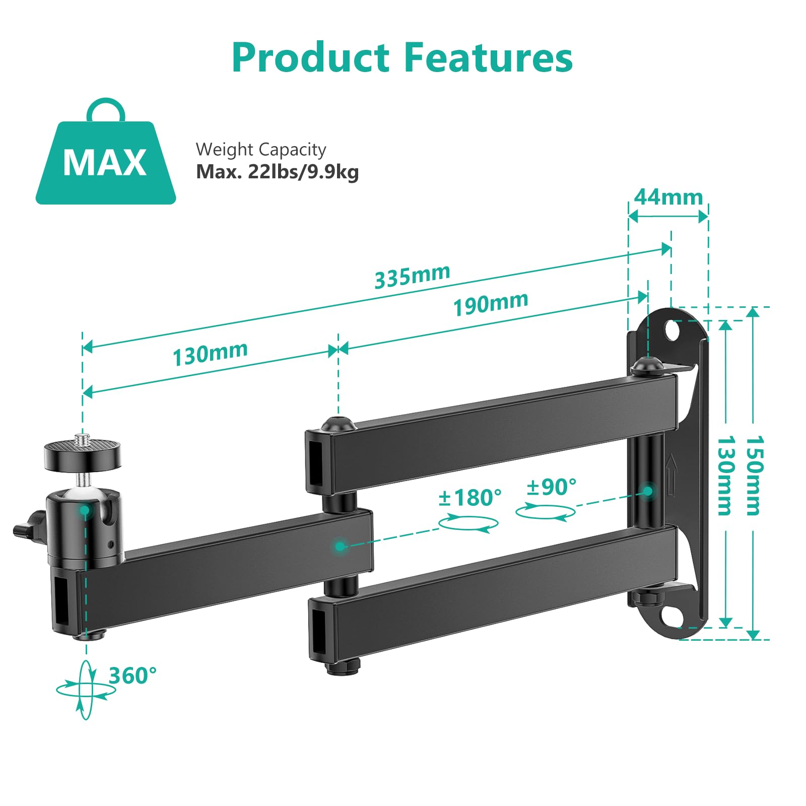 Soporte de pared para proyector plegable, soporte universal ajustable para proyector de pared, soporte de proyector de aleación de aluminio, tamaño de tornillo M4 M6 de 1/4 pulgadas, (1330LM-PM), 3