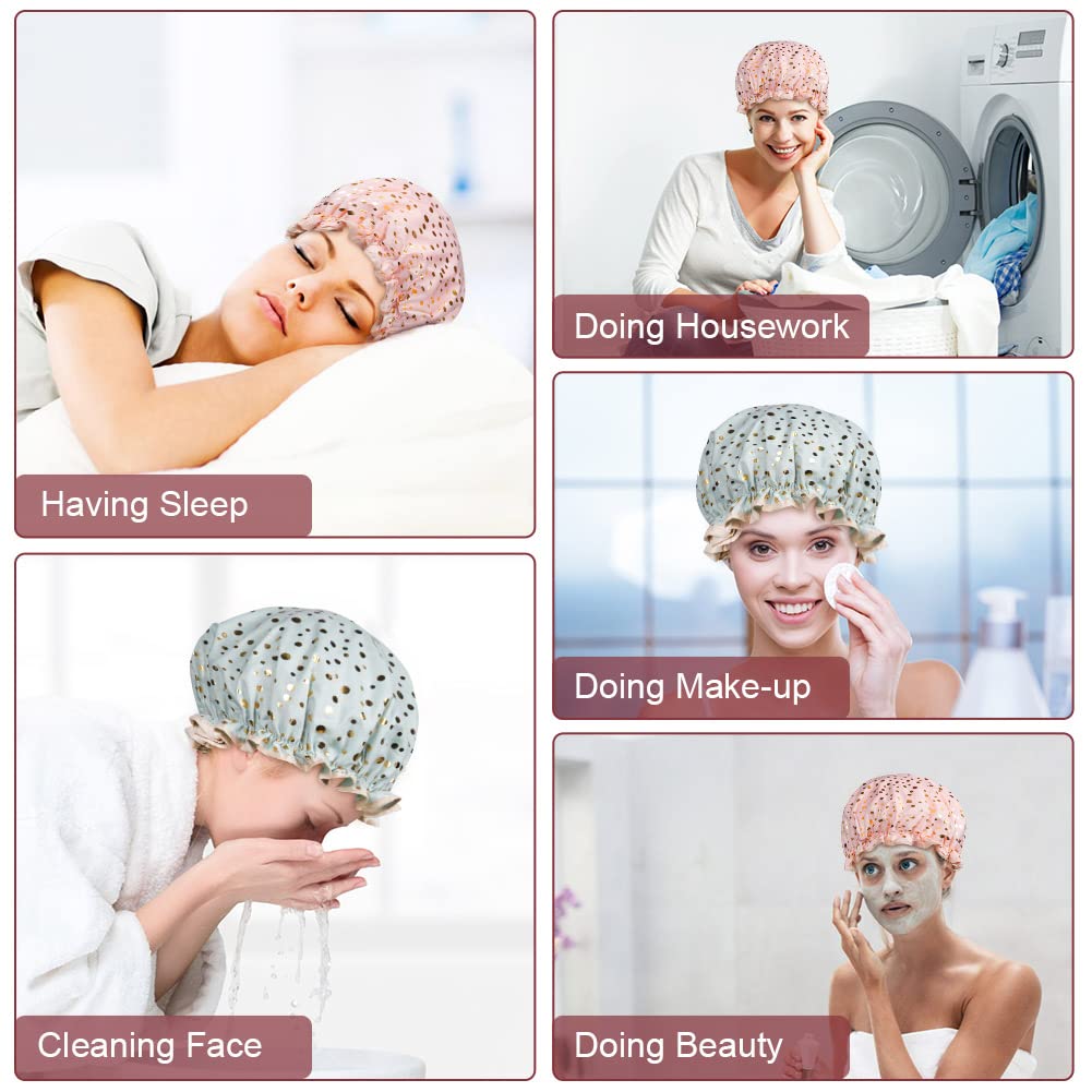 AOOWU Bonnet De Douche, 2 Pieces Bonnet de Douche Etanche, Bonnets de Bain Réutilisables avec Des Bandes Élastiques Pour Femmes Filles Douche SPA Salon(A)