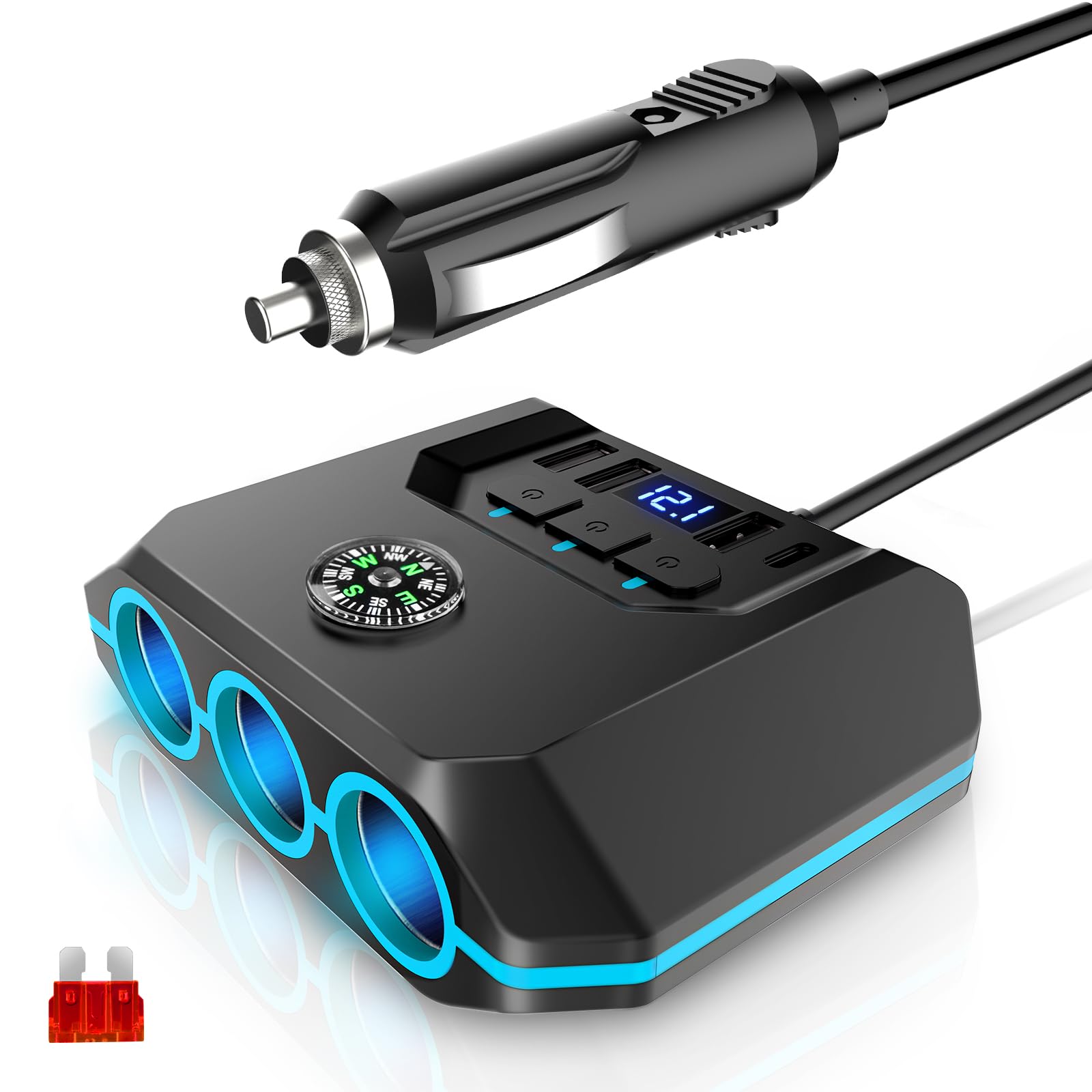 OOWOLF シガーソケット 3連 4ポート付き USB充電器 最大電流3.6A 急速充電 増設 カーチャージャー 12-24V車対応 独立スイッチ 1mケーブル 電圧計 車 ソケット 分配器 スマートIC内蔵 取り替えヒューズ付き