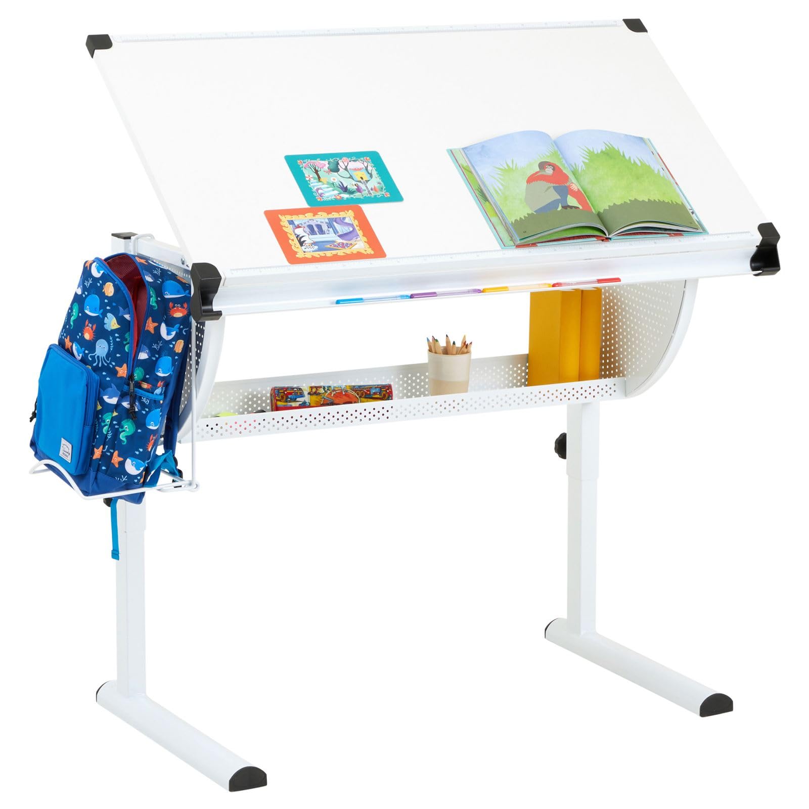 CARO-Möbel Kinderschreibtisch Sari höhenverstellbar in weiß/weiß, Schreibtisch für Kinder neigbar mit Rille für Stifte, Schülerschreibtisch mit Ablage und Rucksackhalterung