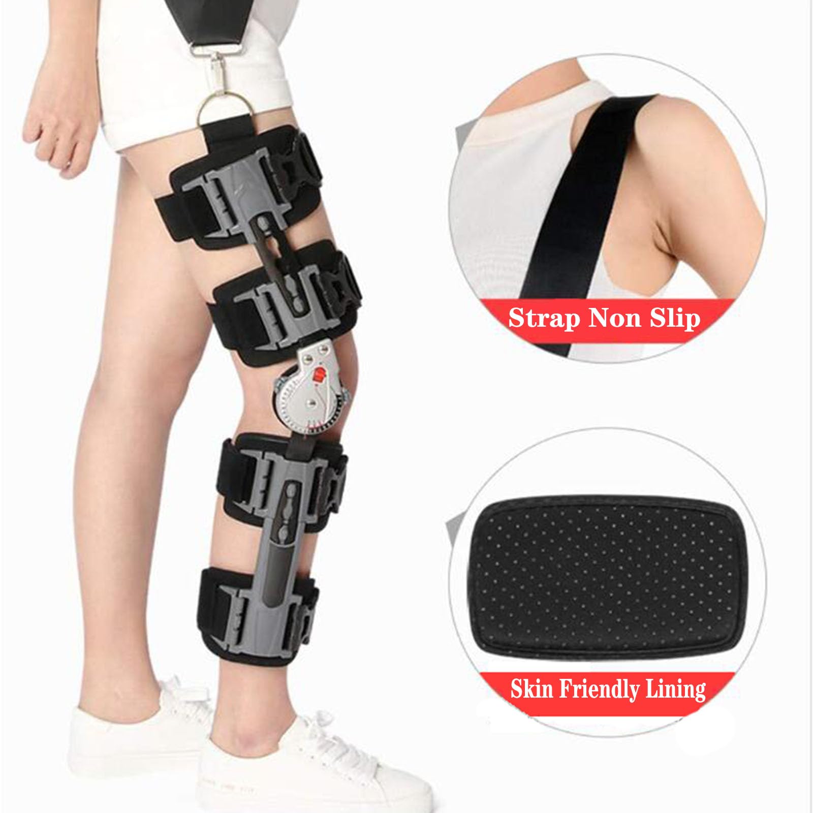 01 Tutore per ginocchio con cerniera, supporto ortopedico regolabile per ginocchio, supporto per gamba intera con stabilizzatori laterali per gamba, per riabilitazione ortopedica, rottura del menisco