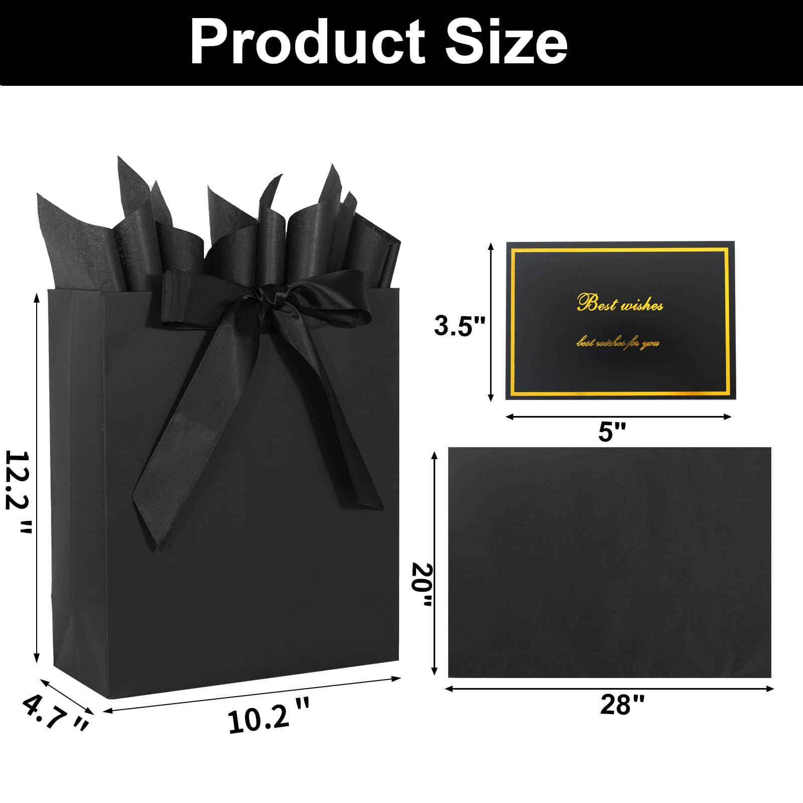 Elegant Black Gift Bag 10.2"x4.7"x12.2" with Ribbons Handles, Includes Card and Tissue Papers for Weddings, Birthdays, Baby Shower, Parties, Holidays