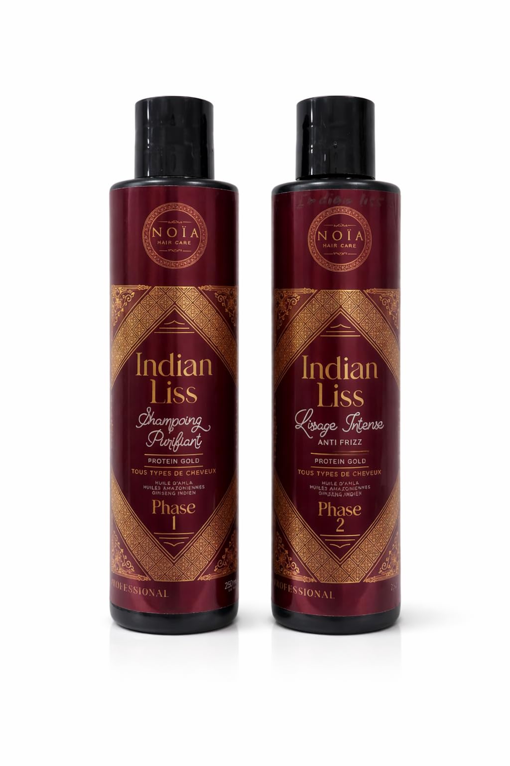 Noia Hair Indian Liss – Lissage Indien Professionnel 2 Étapes – Shampooing Purifiant + Soin Lissant Anti-Frizz – Kératine, Huile d’Amla & Ginseng – Cheveux Lisses, Brillants – 250 ml