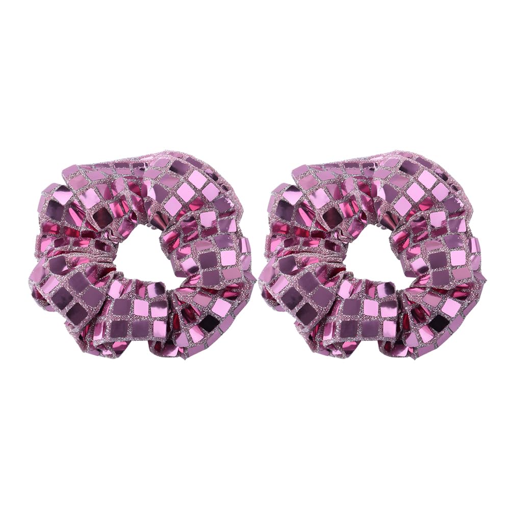 Pink Sequin Hair Scrunchies for Women Girls Glitter Sparkly Hair Accessories for Thick Fine Hair 80s 90s Sequin Hair Band for Party Prom Big Ponytail Holder Pink Hair Ties for Curly Hair 2pcs