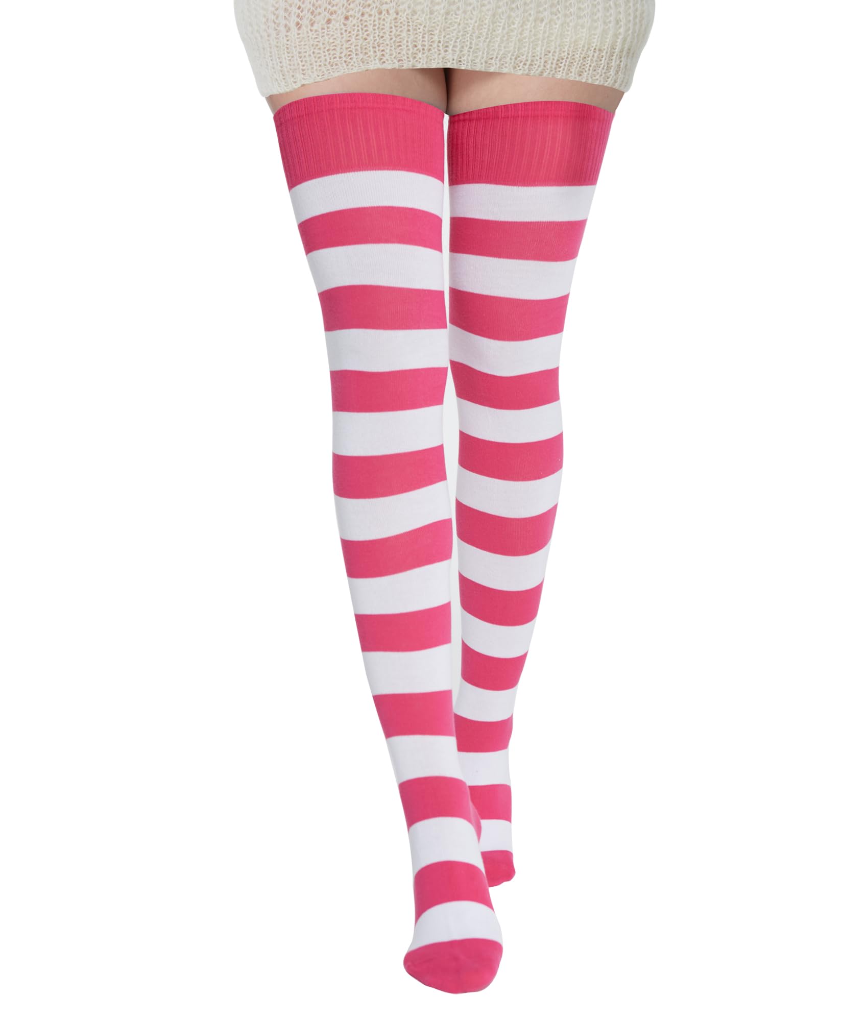 BABAHU Womens Extra Long Cotton Stripe Thigh High Socks Over the Knee High Socks (Fuschia/White)