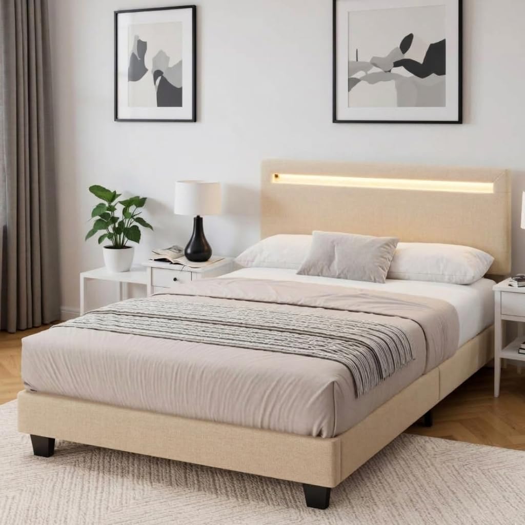 Cama Individual 120x200 cm con Iluminación LED Regulable y Esta, Cabecero Tapizado, Bastidor de Hierro Resistente, Ahorra Espacio, Ideal para Dormitorios y Habitaciones de Invitados, Beige
