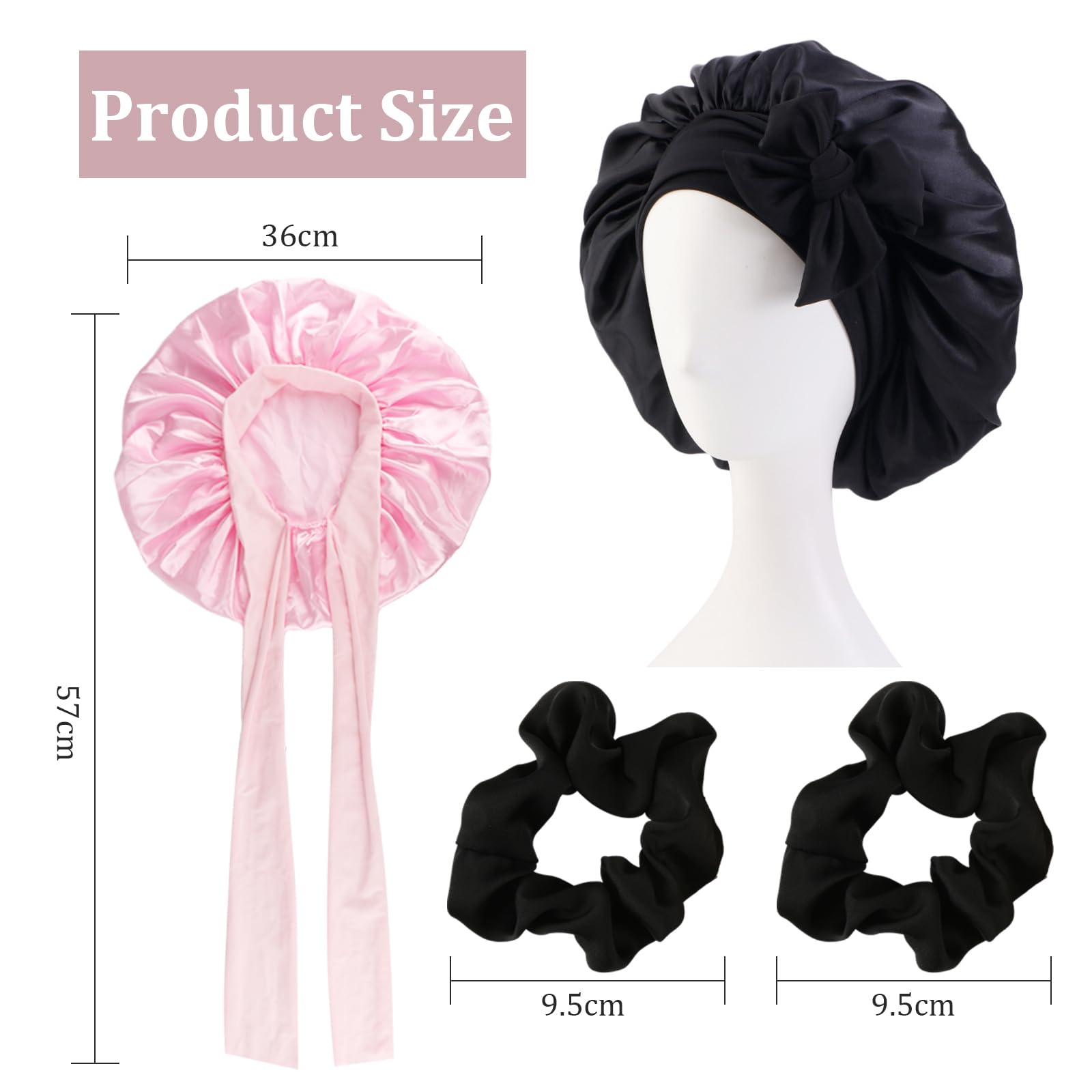 RVLZKCPG Pack of 2 Silk Bonnet for Sleeping Adjustable Silk Bonnet with 2 Hair Elastics, Wide Satin Hair Cap for Night Black, Pink - Image 2