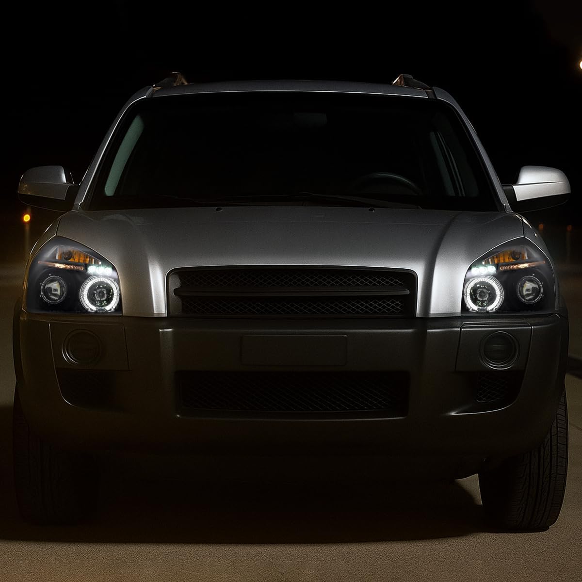Ronnin - Fits 2005-2009 Hyundai Tucson LED Halo Rim Running Lights Projector Headlights Upgrade Assembly Pair | Black