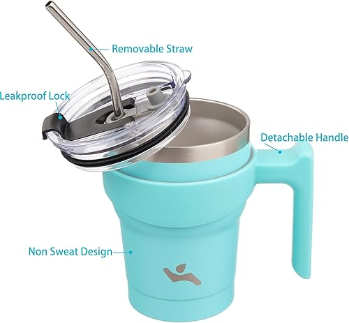 Miniatura 2 de Vaso de 10 onzas con asa y 2 pajillas, 2 tapas, botella de agua aislada de acero inoxidable al vacío, taza de viaje reutilizable, turquesa
