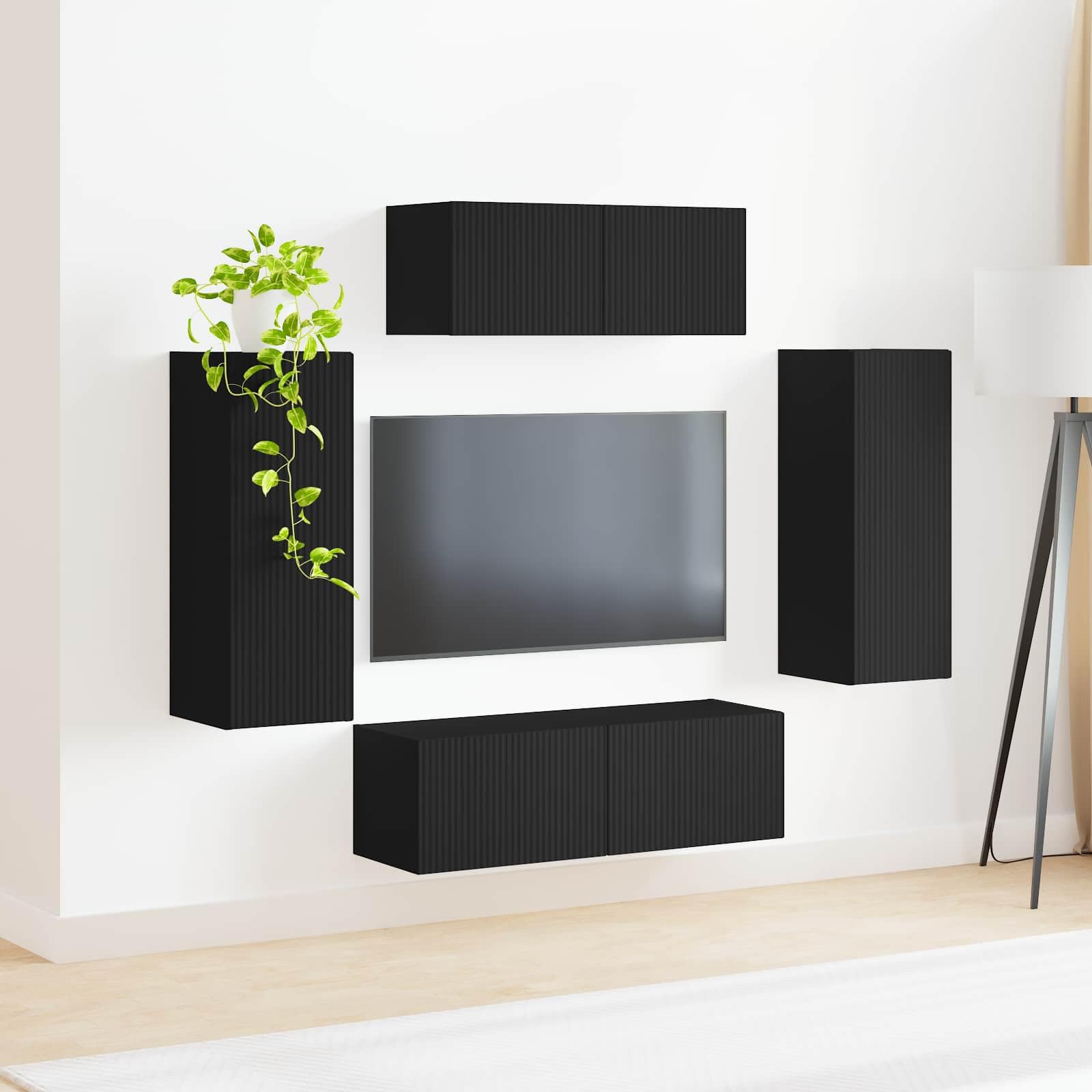 TV-Schrankset 4-teilig Schwarz aus Holzwerkstoff, Modernes Media Center für Wohnzimmer, Schlafzimmer, Elegante Aufbewahrungslösung mit verstellbaren Regalen