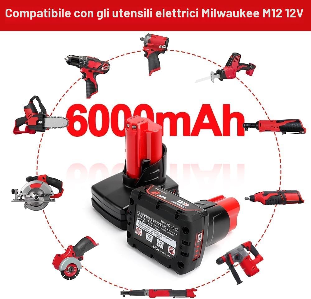 Powarobor 2 Pack M12B6 12V 6.0Ah Batteria di ricambio agli ioni di litio Compatibile con Milwaukee M12 12Volt Power Tools Batterie con indicatore LED 48-11-2460