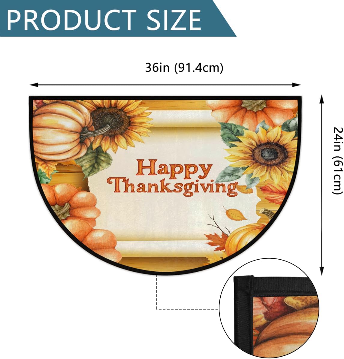 Thanksgiving Pumpkin Fall Sunflowers Half Round Doormat Washable Semi Circle Rug Non Slip Half Moon Rug Floor Mat for Indoor Outdoor Bathroom Kitchen Fireplace Entryway Bath Holiday Decor