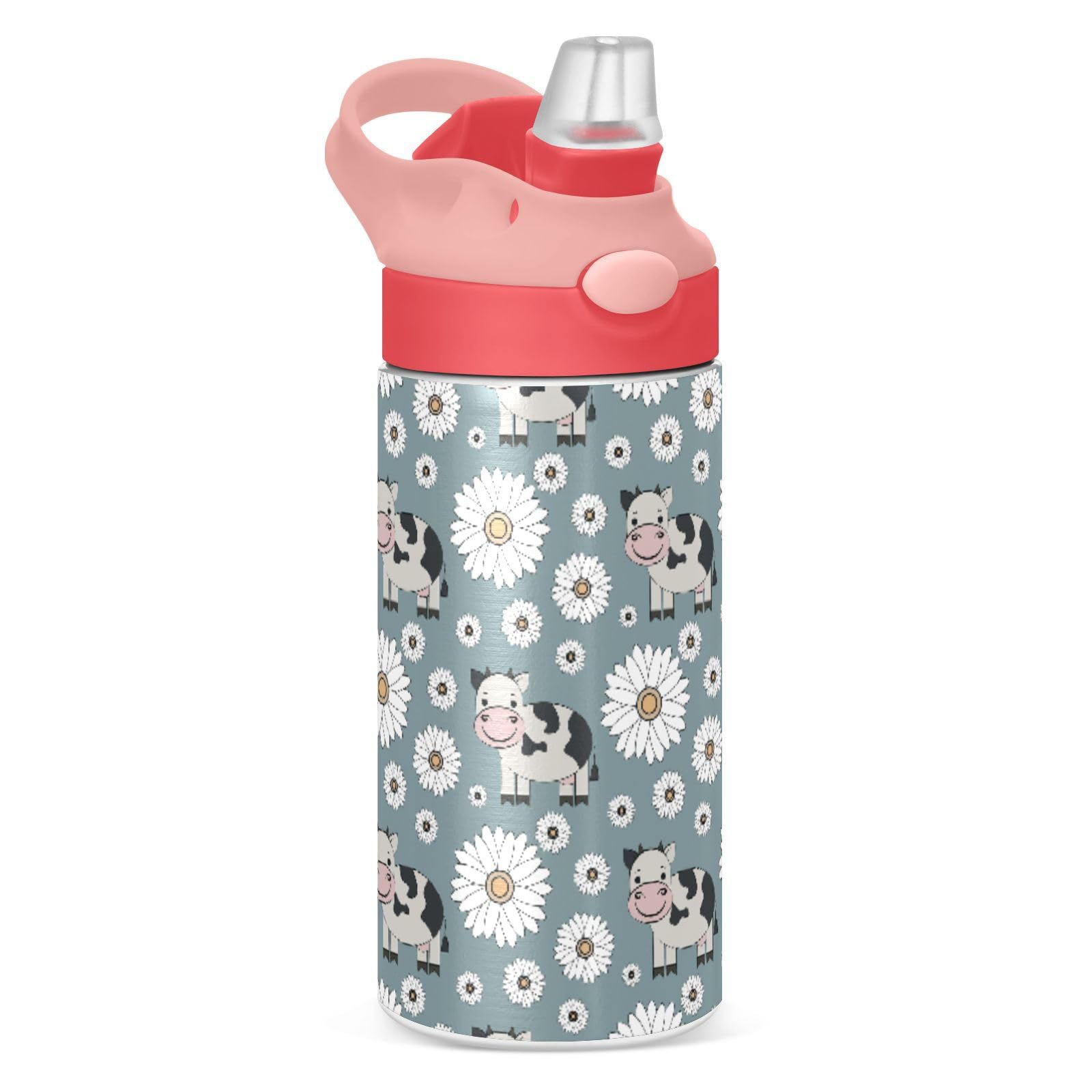 Mnsruu Blue Cute Cows Chamomiles Kids Water Bottle with Straw Insulated Stainless Steel Drink Bottle for Girls School 350ml Leakproof Vacuum Hot Cold Water Flask