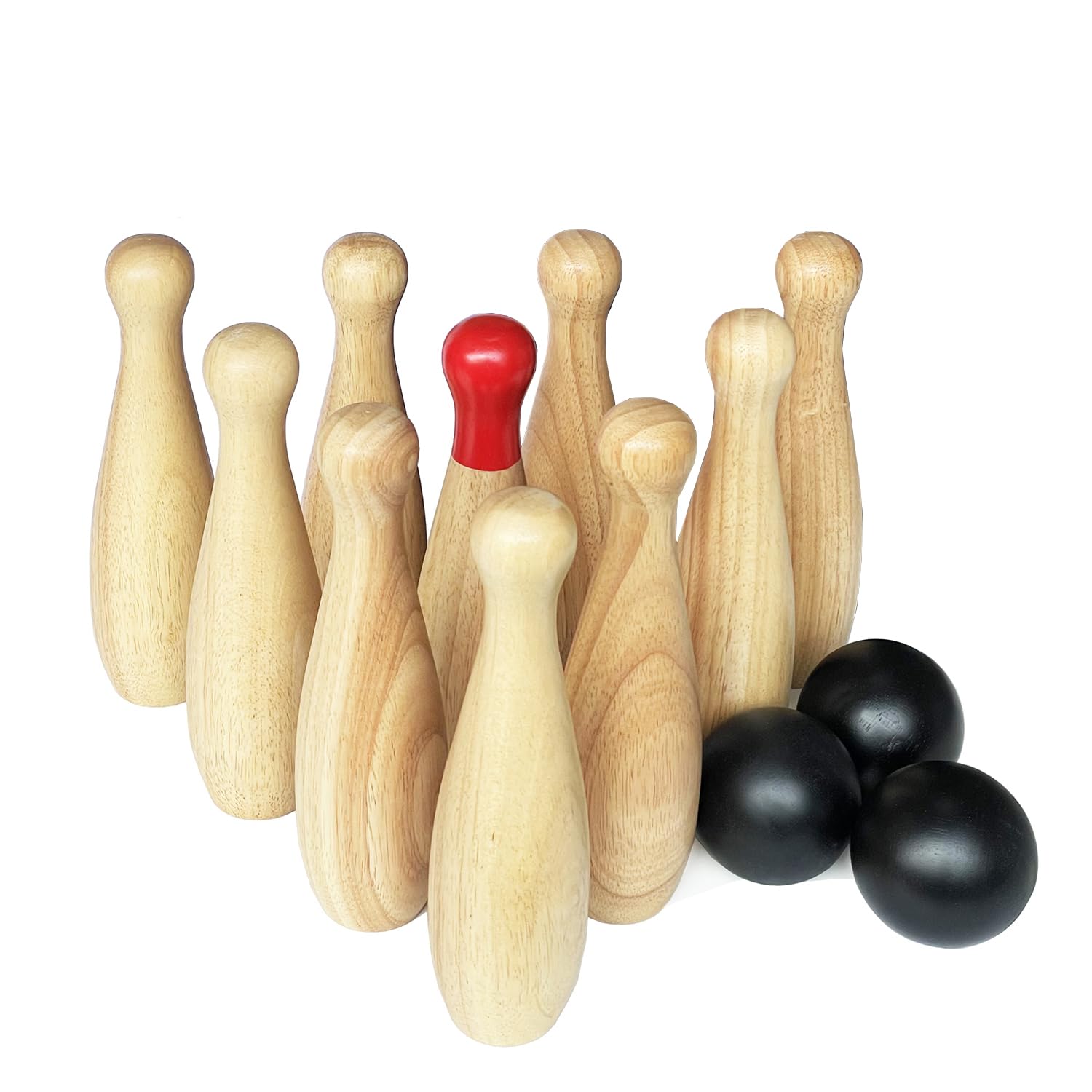 Set da gioco in legno da bowling – 10 perni e 3 palline in una borsa per il trasporto (23 cm di altezza, naturale)