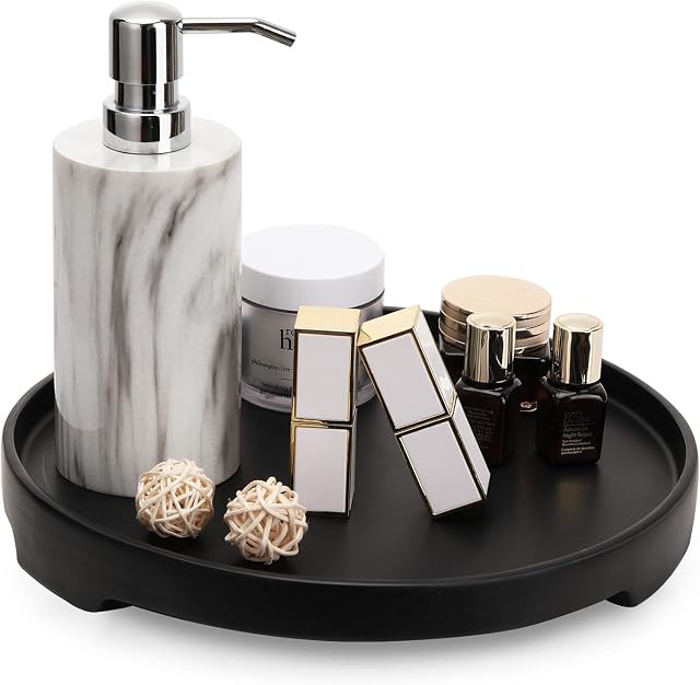 Lewondr Vanity Tray, Marbling Round Tray Resin Decorative Tray Organizer, Display Tray Storage Platter with Handle Table Storage with Elevated Foot for Cosmetic, Jewelry, 27 * 27cm - Matte Black