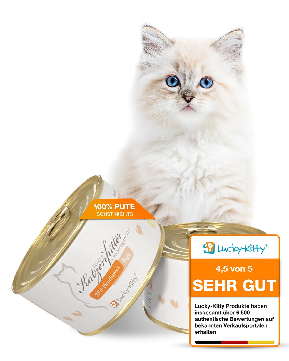 Lucky-Kitty Katzenfutter Nass Pute, 95% Fleisch, Monoprotein, 16x200g | 95% Fleisch, Ohne Getreide & Zucker, Lebensmittelqualität, Keine Zusätze, Made in Germany