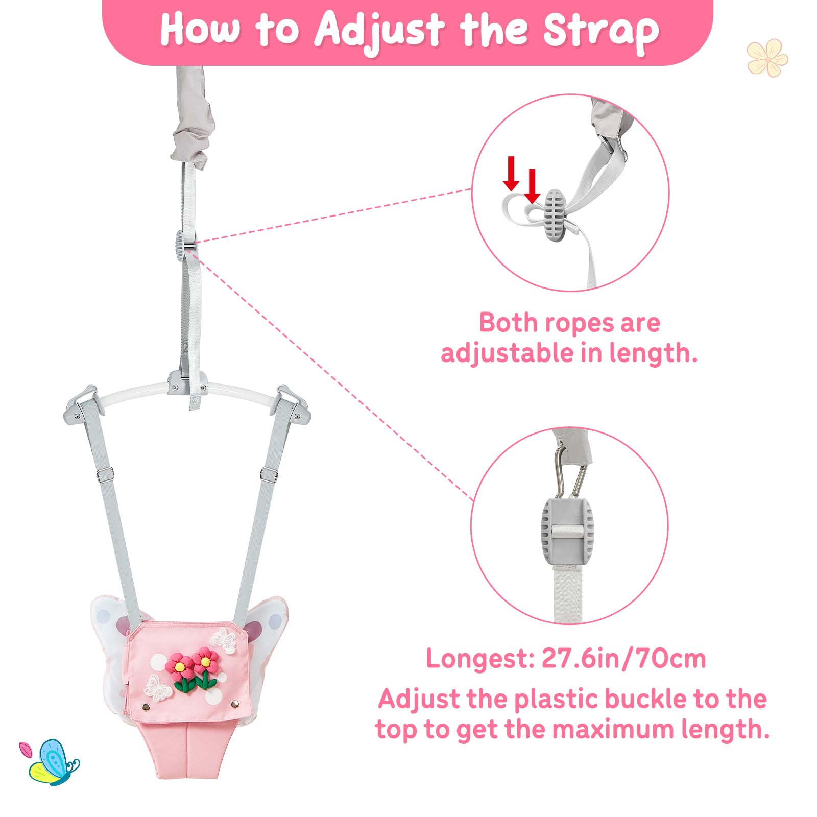 FUNLIO Baby Türhopser für 6–24 Monate (mit Türklemme), Baby Jumper mit starker Feder/verstellbarem Riemen, einfach zu montieren und zu lagern Baby Hopser, Tragfähigkeit 18 kg – Rosa Schmetterling
