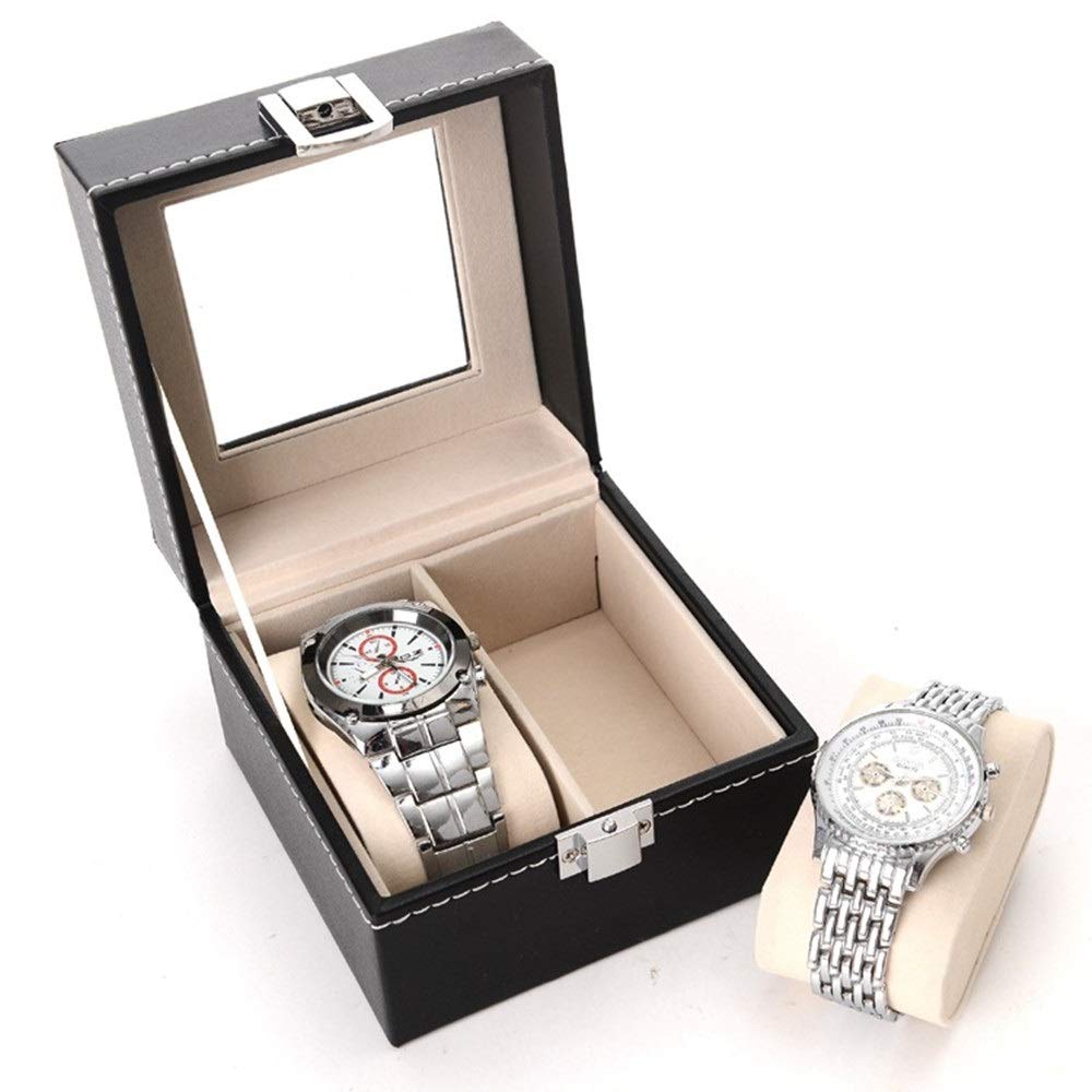 DUMRALBQE Watch Boxes Watch Storage Display Box Metal Buckle 2 Slot Black Transparent Window for Storage and Display