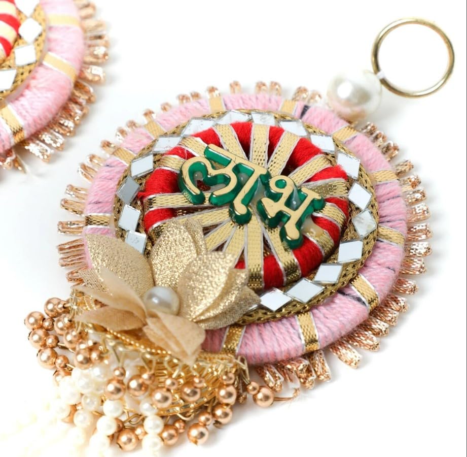 Image of Handmade Shubh Labh Wall Hanging with Kundan, Gota & Pearl Detailing - Elegant Home Decor for Diwali, Navratri, Weddings, Housewarming & Puja Favors